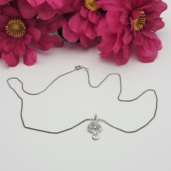 Vtg. MO 925 Modena Italy 8 Diamond Heart Treble Clef Music Note Necklace 19 Inch - Picture 1 of 10